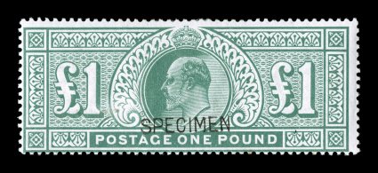 S.G. 266s, 1902 £1 Dull blue green, with handstamped Specimen, rich color, full o.g., small h.r., two faintly toned perf. tips at bottom and a trivial soiled spot to the right
of the left 1, still a fine example of this scarce specimen high