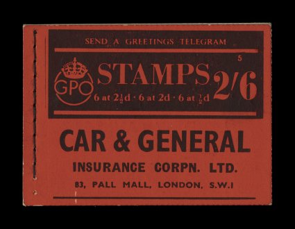 S.G. BD13, 1940 26 Booklet of three panes, Car & General, unexploded booklet, exceptionally fresh, o.g., n.h., very fine.