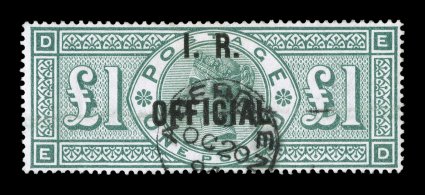O15, 1892 £1 Green, I.R.Official overprint, used, well centered, strong color, neat Aberdeen c.d.s., light horizontal crease, very fine appearance a very scarce official 2007
BPA certificate (S.G. O16 £1,750).