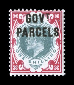 O43, 1902 1- Carmine rose and green, Govt.Parcels overprint, brilliant color, o.g., very lightly hinged, trivial natural gum crease and miniscule wrinkle, otherwise fine and
scarce 2007 BPA certificate (S.G. O78 £800).