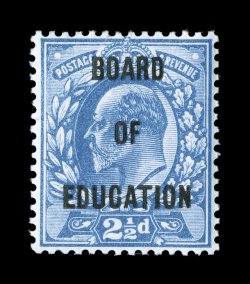 O69, 1902 2 12p Ultramarine, Board of Education overprint, intensely rich color, nicely centered, o.g., never hinged, small crease at top left, otherwise a very fine example of
this rare stamp 2007 BPA certificate (S.G. O85 for hinged £3,0