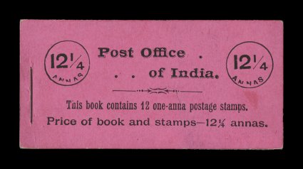 S.G. SB2, 1904 12 14a Pink booklet of twelve 1a stamps, unexploded booklet with bright fresh color, o.g., n.h., some mounting marks on the back of the cover, a fine example of
this terribly elusive intact booklet.