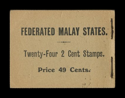 S.G. SB4, 1919 49c Booklet of twenty four 2c Green, booklet containing one complete pane of six, a partial pane of four and a partial pane of two, stapled at right, o.g., n.h.,
fine this is the rarest booklet from Malaya and is almost never ava