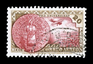 C61, 1934 20P National University air post, a rarely seen used example of this high value, rich bright colors, lightly cancelled, very fine.