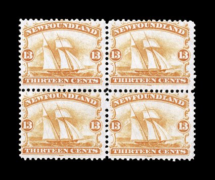 30, 1865 13c Orange, mint block of four, bright color, o.g., lightly hinged, fine-very fine accompanied by very fine lightly hinged singles of 38 and 59.