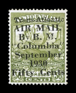 C5, 1930 50c on 36c Olive green Columbia Flight overprint, well centered, rich color, slightly disturbed o.g., very fine an air post rarity, with only 300 stamps issued signed
Sanabria (Unitrade C$12,000.00).