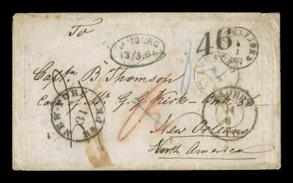 Frekkefjord, Mar. 3, 1861 stampless cover, clear strike of c.d.s. on cover to New Orleans during the Confederacy, Aachen, Hamburg and New York transit markings, bold 46 due
handstamp, some wear and light toning spots, very fine appearance