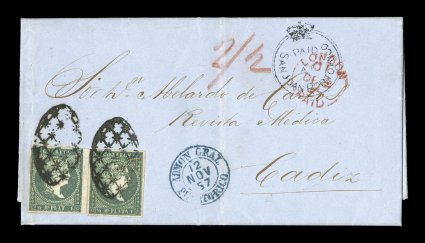 S.G. CC1, Black Paid atSan Juan Porto Rico Crowned Circle, a sharp and particularly clear strike of this scarce marking on folded 1857 entire letter to Cadiz, Spain, in
combination franking with two Cuba 12r Greenish blue (Scott 9a), each w