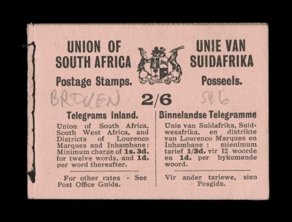 S.G. SB6, 1927 26 Booklet Union of South Africa, the booklet contains one complete pane of the 1p, two partial panes of the 1p (four each) and one partial pane of the 12p (two
stamps), o.g., n.h., fine a useful and affordable alternative to