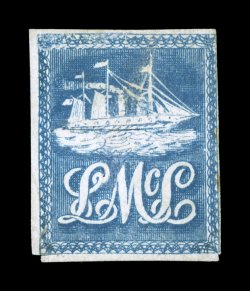 S.G. 1, 1847 (5c) Blue Lady McLeod, used, with pen cancel removed, three full margins, repaired, fine appearance a reasonably presentable example of this classic rarity 1996
BPA certificate (S.G. £10,000).