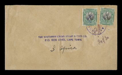 S.G. C7, 1929 Cachet Va violet handstamp, tied to two South Africa 12p Definitives on cover to Cape Town, ms. A.G.P. initials (Augustus George Partridge) and 21130, Capetown
backstamp of 7 April 1930, faint vertical file fold at trivial cov