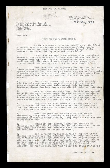 1946 Petition for Postage Stamps and proposed essays, sixteen page typed petition submitted to the Postmaster General of South Africa in Capetown, outlining the reasons for the
request and on page 6 is a card with the proposed design of nine valu