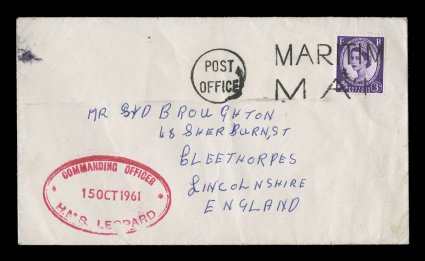 1961 Volcano Evacuation cover, sent to England, with G.B. 3p Purple tied by Post Office MARITIME MAIL pmk., with red oval Commanding Officer15 Oct 1961H.M.S. Leopard handstamp
at bottom left, trivial cover tear at top not affecting stamp or