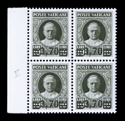 35-40, 1934 40c-3.70 Surcharges cplt. in matching left sheet-margin blocks of four, the 40c and 1.30L are from the first printing, the other values are from the second
printing, marvelously bright and fresh, o.g., n.h., very fine a rare set of