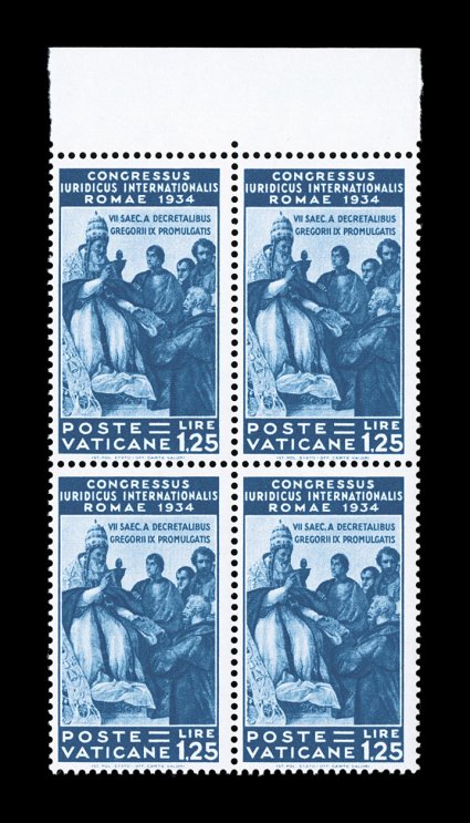 41-46, 1935 5c-1.25L Judicial Congress cplt. in blocks of four, all but the 25c are sheet-margin blocks, vibrant colors throughout, o.g., n.h., very fine (Sassone 41-46
Ç5,000).