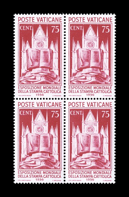 47-54 1936 Catholic Press Conference cplt. in blocks of four, brilliant colors, o.g., n.h., 25c with faint gum crease affecting the top two stamps, very fine (Sassone 47-54
Ç2,000).
