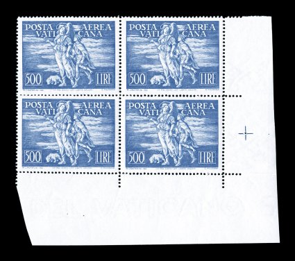C16-17, 1948 250L-500L Tobias air post cplt. in bottom right corner margin blocks of four, bright fresh colors, o.g., n.h., one 250L affected by a gum crease, one 500L stamp
with trivial gum inclusion, very fine and handsome set (Sassone A16-17
