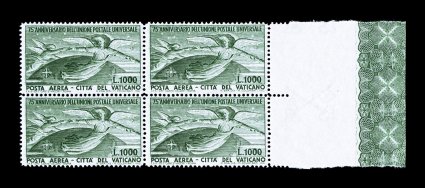 C18-19, 1949 300L-1000L UPU air post cplt. in right sheet-margin blocks of four, both with wide selvage showing lathework at the far right, wonderfully fresh, o.g., n.h., very
fine (Sassone A18-19 Ç950).