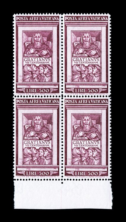 C20-21, 1951 300L-500L Franciscus Gratianus air post cplt. in bottom sheet-margin blocks of four, rich vibrant colors, o.g., n.h., very fine (Sassone A20-21
Ç1,875).