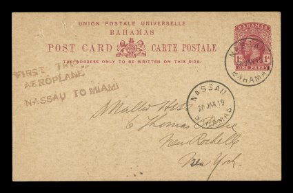 AAMC 1001, January 30, 1919 Nassau-Miami flight, three-line handstamp cachet First TripAeroplaneNassau to Miami on Bahamas 1p postal card to New York, Nassau Jan. 30 c.d.s., a
couple trivial pinholes at top left, very fine.