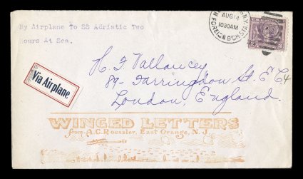 AAMC 1009, August 14, 1919 First Airplane Delivery, Shore to Ship at Sea, 2c Victory (537) tied by New York Aug. 14 duplex on Roessler Winged Letters cover to London
(backstamped), very fine.