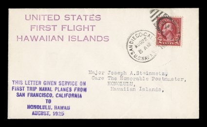 AAMC 1033a, August 1, 1925 San Francisco-Hawaii Nonstop Flight, plane PN9-3, magenta and purple cachets on cover to Honolulu, 2c Red tied by San Diego Aug. 22 duplex, fresh and
very fine.