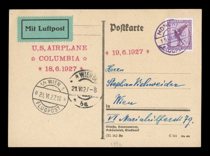 June 18, 1927 Munich-Vienna Columbia flight, three line red handstamp U.S. AirplaneColumbia18, 6. 1927 with matching straight line 19, 6. 1927 handstamp on postcard to Vienna,
Germany 15pf Air post tied by Munich Jun. 19, 1927 purple c.d.
