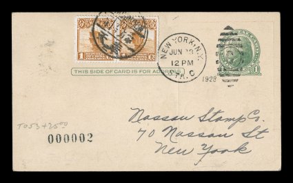 AAMC 1077, June 28, 1928 Mears and Collyer Round the World Flight, U.S. 1c postal card cancelled by New York, Jun 28 duplex, with New York Jul. 22 receiver on reverse, pair of
China 1c Junk also tied on front, the lot also includes a Aug. 1, 193