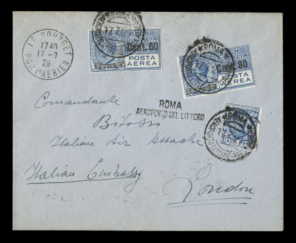 AAMC 1092b, July 8-9 Ocean Flight, Rome to London leg, three Italian stamps tied by July 17, 1928 Rome c.d.s.s on cover to London, Le Bourget Jul. 17 c.d.s. on front and back,
very fine and rare only 11 covers were carried on this leg.