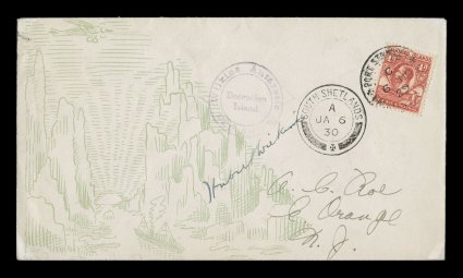 AAMC 1097, November 6, 1929 Initial Antarctic Flights, Wilkins Expedition, with violet Deception Island cachet on pale green illustrated flight cover to A.C. Roessler, Falkland
Islands 1p Red tied by Port Stanley Nov. 6 c.d.s., South Shetlands J