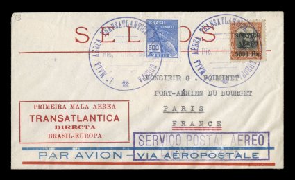 AAMC 1113, July 9, 1930 First Commercial Flight, Brazil to Europe, two covers, one franked with Brazil stamps and the other with Uruguay stamps, each with a different
handstamped cachet, very fine this flight failed and mail was picked up by a