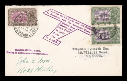 AAMC 1134, March 28, 1931 Pratt-Hadley Flight across the Bay of Bengal to Rangoon, purple handstamped cachets on cover to Calcutta, with India pair 12a and single 1a tied by
Calcutta and Rangoon double-ring c.d.s. pmks., signed by Pratt and Had