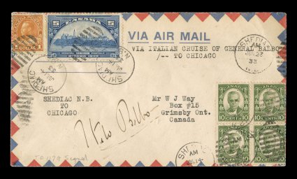 AAMC 1179f, July 1, 1933 Balbo Squadron Flight, Italy-Chicago, flown cover with Canadian franking tied by Shediac July 14, 1933 duplexes, Chicago July 15 transit, signed by
Gen. Italo Balbo, mild overall toning to cover, otherwise very fine