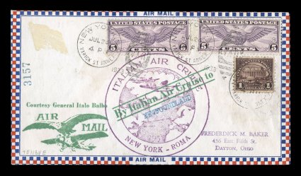 AAMC 1184e, August 8, 1933 Balbo Squadron Return Flight, New York-Shoal Harbour, U.S. four 5c, 20c pair and $1.00 1922 Issue, along with two 5c Wing Globe tied to front and
back of flown cover, New York Varick St. Annex July 24 pmks., purple cac