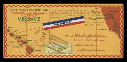 AAMC 1200, January 10, 1934 First U.S. Navy Squadron Flight, San Francisco-Hawaii, legal size special printed flight cover signed by Lt. Commander McGinnis and posted on
arrival, with 8c Winged Globe tied by Jan. 10 U.S. Fleet duplex, very f