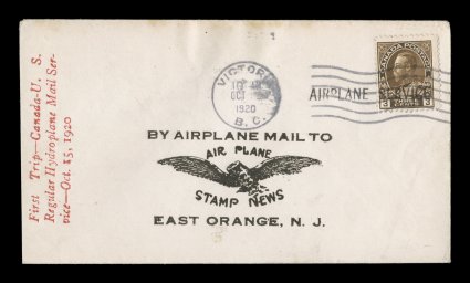 AAMC F2-2, October 15, 1920 FAM Route No. 2, Victoria-Seattle, three-line printed cachet in red, Canada 3c Brown tied by Oct. 10 machine cancel and Airplane Service straight
line, printed Roessler address, very fine only 50 covers carried.