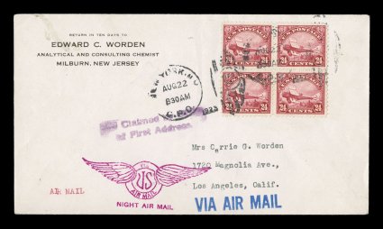 C4-6, 8c-24c 1923 Air Posts cplt., blocks of four of each tied to separate Worden covers by New York duplexes of August 21 for 8c and 16c, and August 22 for 24c, addressed to
Los Angeles, violet Night Air Mail and blue Via Air Mail cachets,