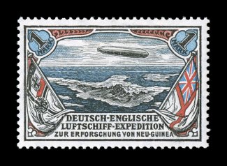 1913 2pf and 1M Unissued New Guinea expedition zeppelins cplt., the 2pf being a left sheet-margin example, both are exceedingly well centered and fresh, o.g., 1M lightly
hinged, 2pf never hinged, extremely fine an especially attractive set of th