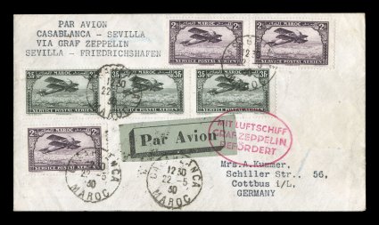 Sieger 64XVb, 1930 Pan-American Flight, extremely rare cover for the return flight from Seville to Friedrichshafen, attractively franked with six air posts, all tied by
CasablancaMoroc22 -5 30 c.d.s., Seville transit of May 23rd as well as J