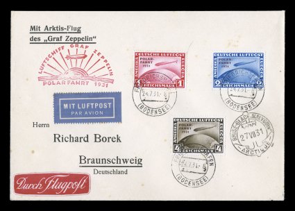 Sieger 119F, 1931 Polar flight, handsome cover with 1M-4M Polar flight Zeppelin stamps cplt., tied by Friedrichshafen c.d.s., flown to the Icebreaker Malyguin in the Arctic
with that ships receiving c.d.s. on the front, neatly placed flight c