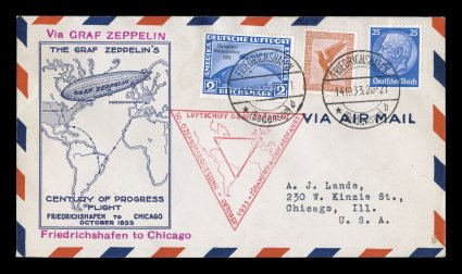 Sieger 238Bc, 1933 Chicago Flight, Germany 2M Chicago Zeppelin, along with 25pf Blue and 50pf Air post stamp, tied by Friedrichshafen 14.10.33 c.d.s. on cacheted cover to
Chicago (Worlds Fair receiving backstamp), uncommonly fresh and very fi