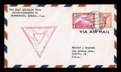 Sieger 238D, 1933 Chicago Flight, Germany 1M Chicago flight Zeppelin and additional 50pf Air post tied by Friedrichshafen 14.10.33 c.d.s. to Albion, Pa. (backstamp), red
cachet, exceptionally fresh, extremely fine.