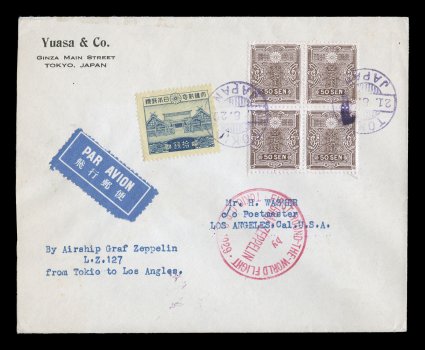Sieger 31A, 1929 Round-the-World flight, attractively franked cover with 50s Dark brown block of four and 10s Enthronement, tied by Tokyo foreign mail cancels, flown on the
Tokyo to Los Angeles leg of this famous flight, red flight cachet, backs