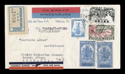 Sieger 411D, 1936 Second North America flight of the Hindenburg, with four air post adhesives tied to registered cover for the return flight to Germany, New York transit, this
flight did not receive a special flight cachet and was only possible