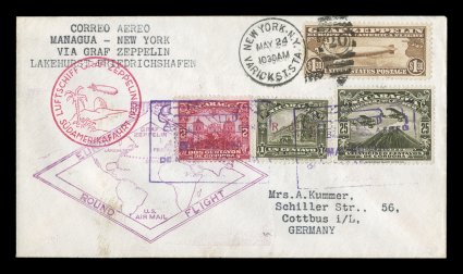 Sieger 64IX, 1930 Pan-American Flight, attractive small size mixed franking cover with three Nicaraguan adhesives including one air post tied by violet boxed Correo AereoMay
20, 1930Managua pmk., U.S. $1.30 Zeppelin neatly tied by New York,