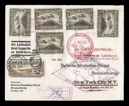 Sieger 64IX, 1930 Pan-American Flight, Behrens-Neuheiten-Dienst imprinted registered cover with five Nicaraguan air posts on the front and three adhesives on the reverse, tied
by red boxed Correo AereoMay 15, 1930,Managua pmks. or similar vi