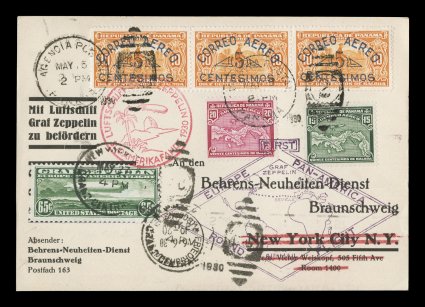 Sieger 64X, 1930 Pan-American Flight, Behrens-Neuheiten-Dienst imprinted card with five Panamanian air posts tied by Agencia PostalPanamaMay 5, 1930 duplexes, this card was
prepared to fly the Zeppelin from Cuba to Lakehurst but when the Zep