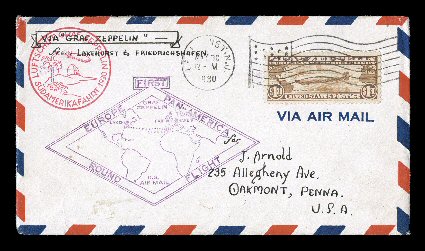 C14, $1.30 Graf Zeppelin, exceedingly well centered single tied by Lakehurst, N.J., May 30, 1930 pmk. on flown cacheted cover, addressed to Oakmont, Pa., appropriate
backstamps, very fine.