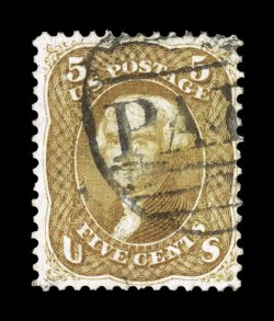 67, 5c Buff, well centered within uncommonly large margins, rich fresh color, Boston Paid cancel, choice very fine 2001 PF certificate and a 2007 PSE
certificate.
