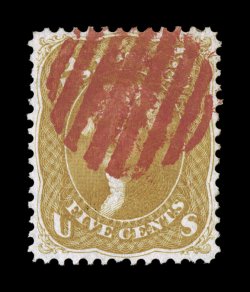 67a, 5c Brown yellow, an especially choice and colorful used example of the Five Cent Brown yellow, featuring near perfect centering within uncharacteristically large margins,
gorgeous vibrant color and impression that is wonderfully contrasted